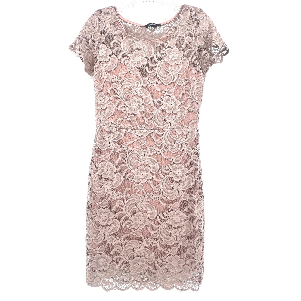 Ambiance Apparel Women Mauve Floral Lace Sheath Dress Short Sleeve Size L